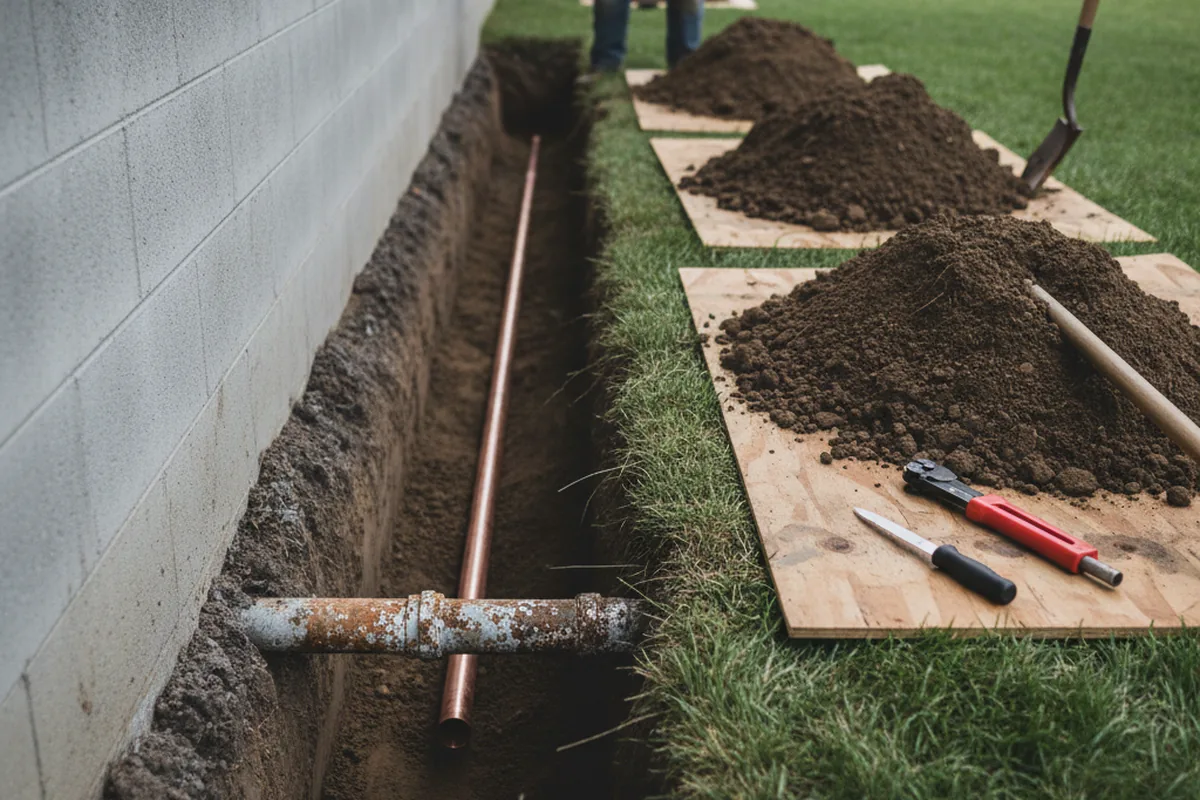 Excavated water line trench during Sewer Line Repair in Kite